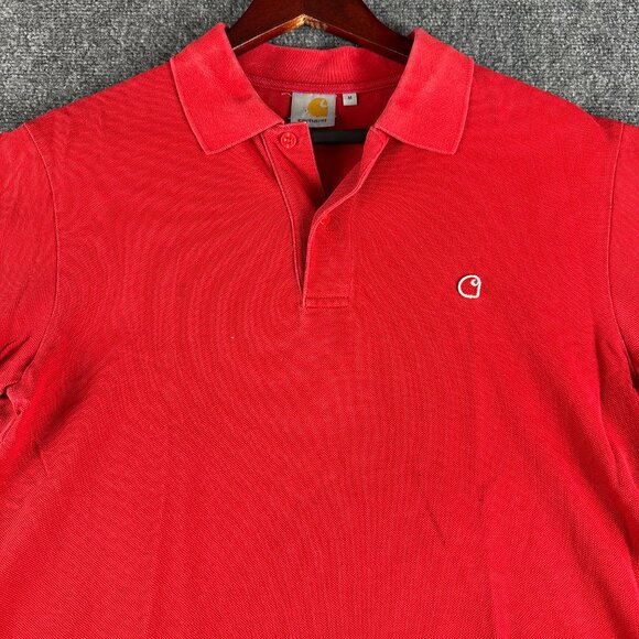 Carhartt Polo Shirt Mens Medium Red Cotton Short Sleeve Split Hem Logo Split Hem - Picture 3 of 9